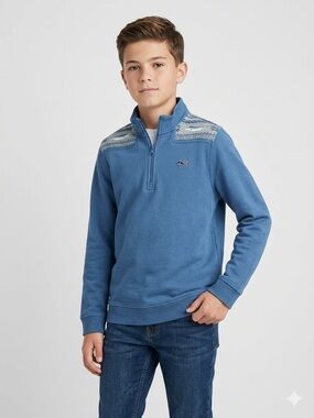 Vineyard Vines Boys Blue Quarter-Zip Marlin Fish Fair Isle Knit Sz M 12 14 Whale